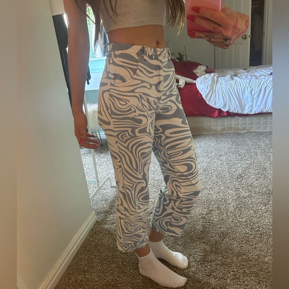small white and blue swirl pants